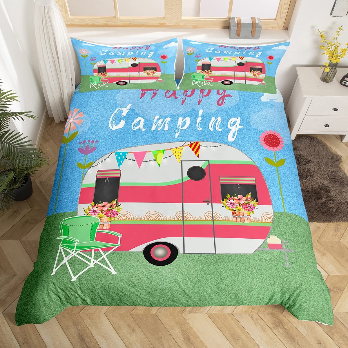 Outdoor Adventure Quilt - キャンプ用寝具セット,幸せなキャンプ用掛け布団カバー,植物,アウトドア旅行,冒険,青い空
