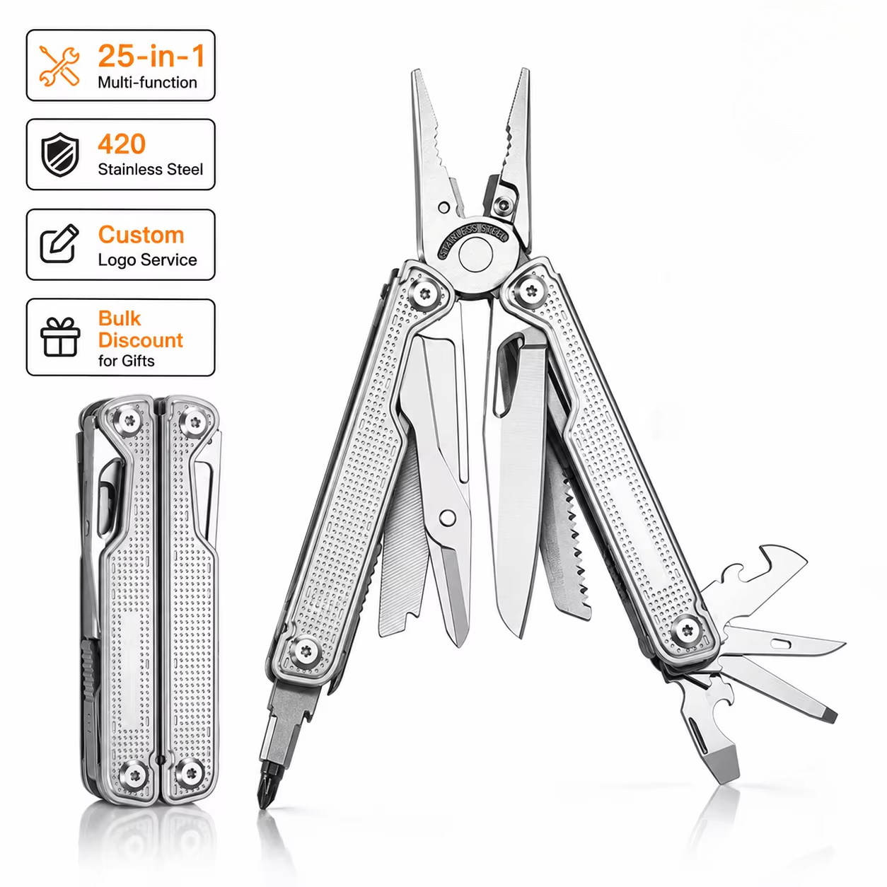 Camp Knife Multi - プロ仕様25-in-1マルチツール折りたたみナイフ、頑丈なステンレス製多機能プライヤー、サバイバルキャンプアウトドアEDC用